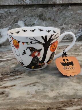 Halloween Witch & Pumpkins Decorative Tea Cup - Orange, Black, White